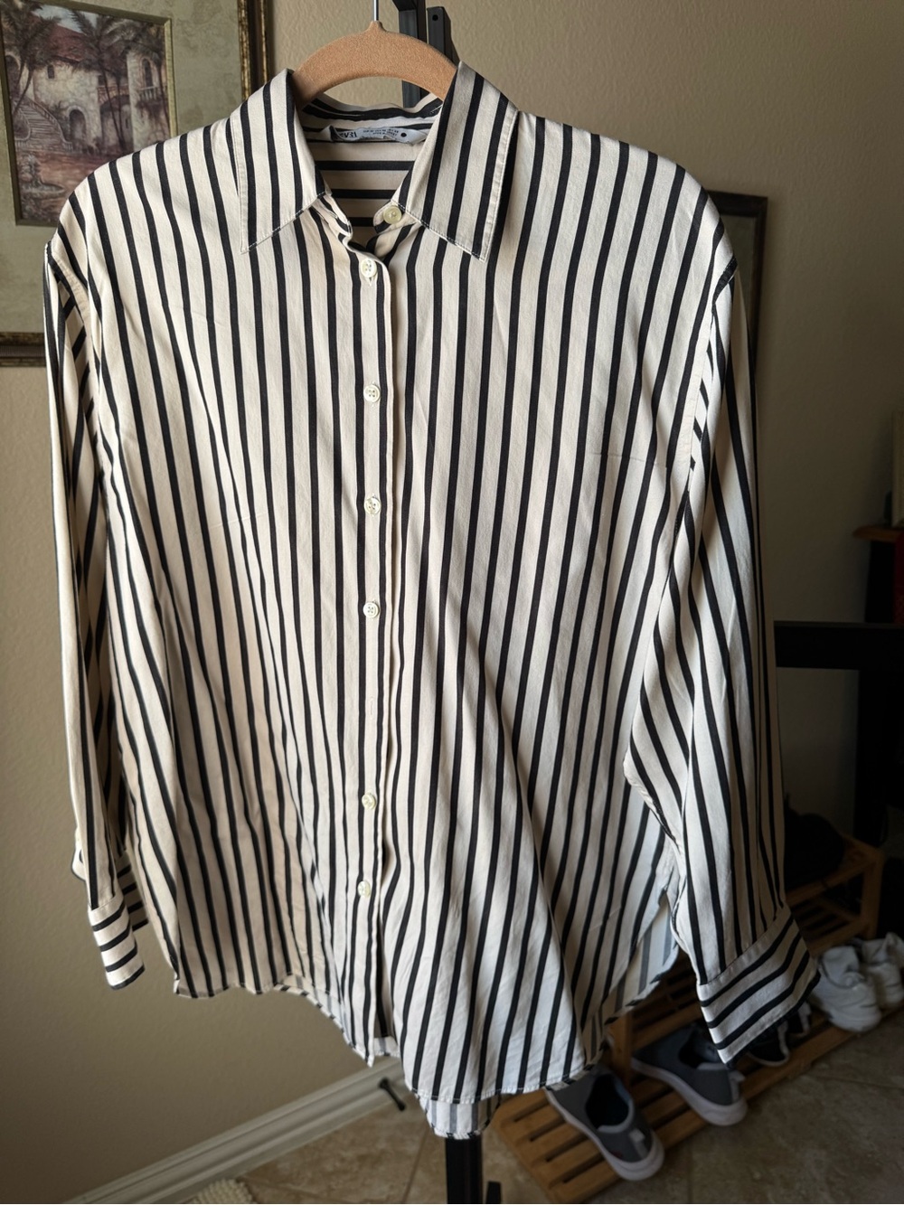 Zara ivory and black Vertical Stripe Button-Down Shirt, oversized soft cotton